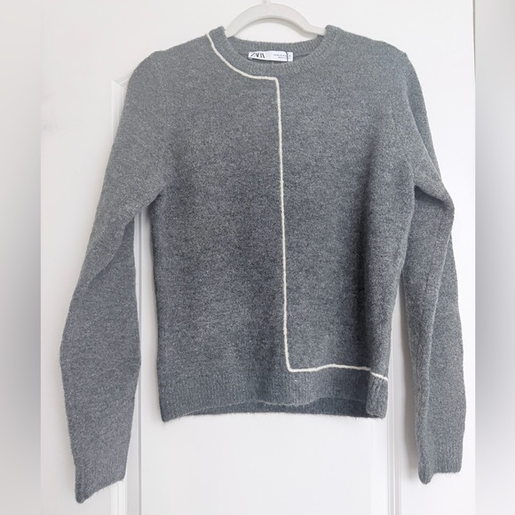 NWT Zara Charcoal Crew Neck Sweater with Contrast Piping - Picture 5 of 11